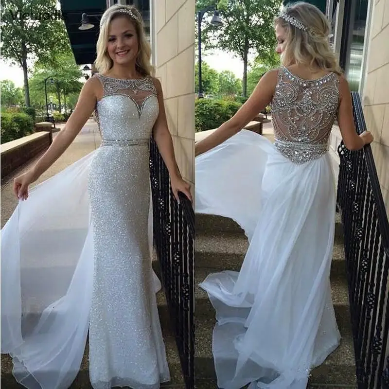

Sparkly Sequined Beaded Evening Dresses O-Neck Sleeveless Lace Crystal Luxury Party Prom Gown For Women Floor Length Royal