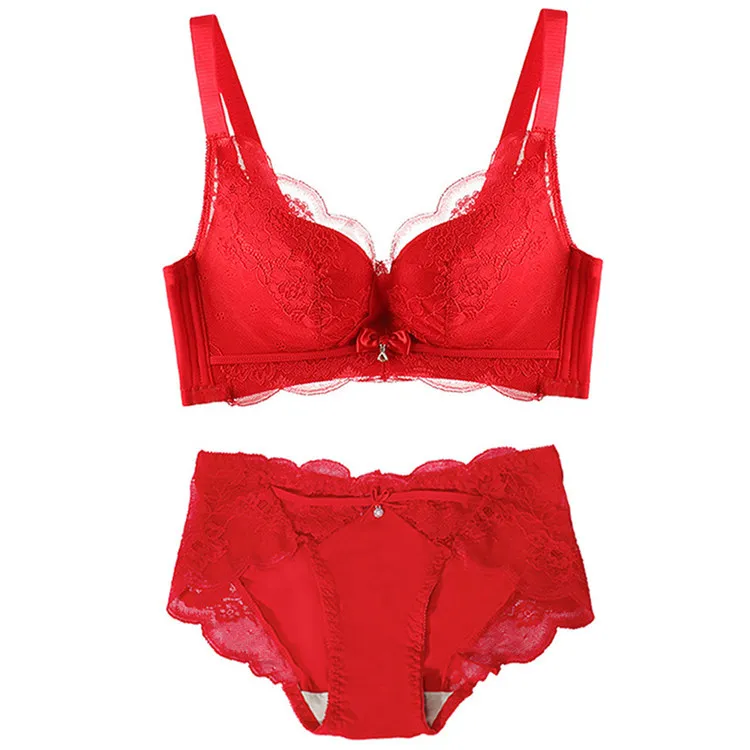 

Hot Trendy Sexy Red Wedding Underwear Set Non Steel Ring Lace Push Up Anti Sag Lingerie For Female Lucky Year Plus Size 32-40