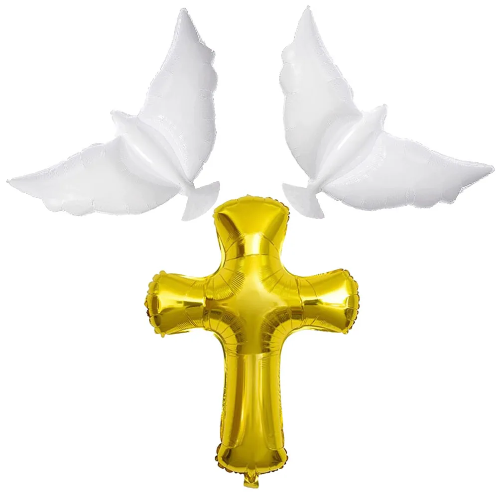 3/1Pcs White Doves Gold Cross Foil Balloons Baptism Balloons for First Communion God Bless Christening Memorial Wedding Birthday