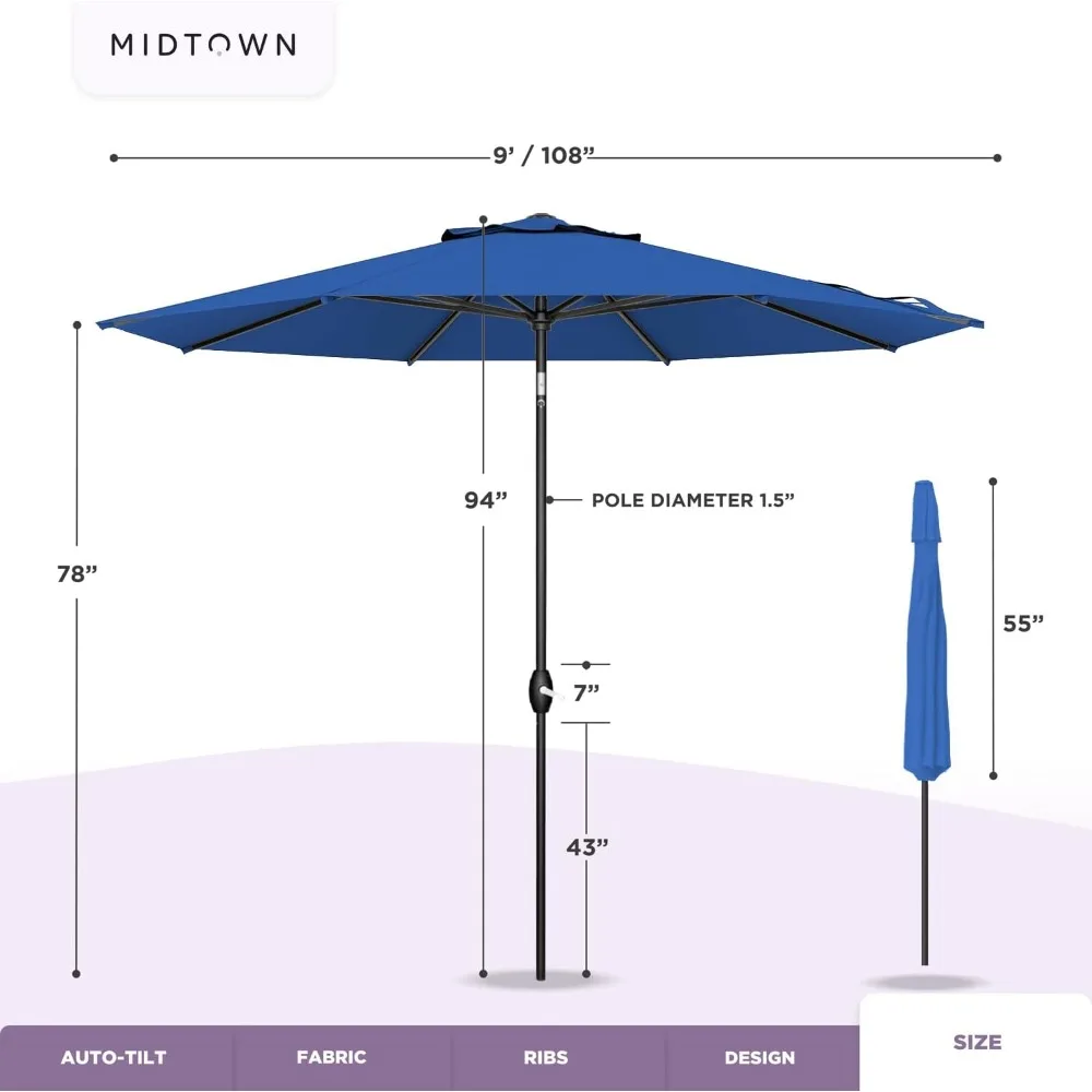 Sonnenschirm-Regenschirm, 9, Fuß, Outdoor-Regenschirm mit dunkelblauem Acrylgewebe – automatisch neigbarer Aluminiumrahmen-Terrassenschirm für den Garten
