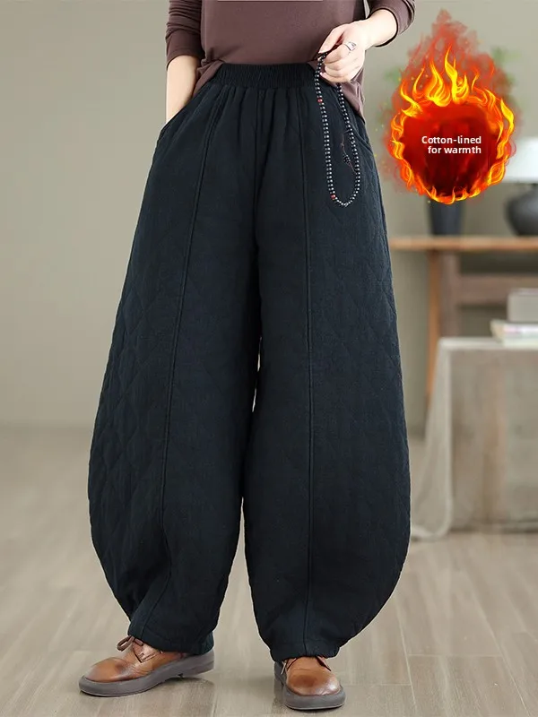 الرجعية الشتاء القطن الكتان السراويل كبيرة الحجم الملابس النسائية مبطن الماس نمط الدافئة فانوس السراويل ملابس خارجية