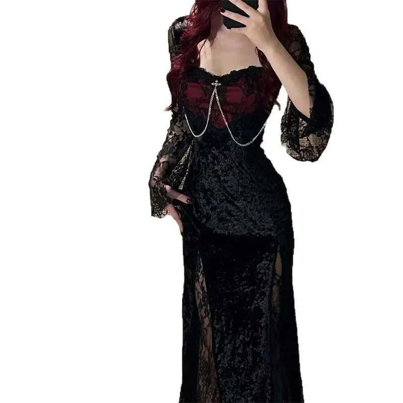 Korean Style Lace Splice Design Sensual Midi Dress Women's Slim Fit Summer New Pure Desire Fashion Dress Female Dresses