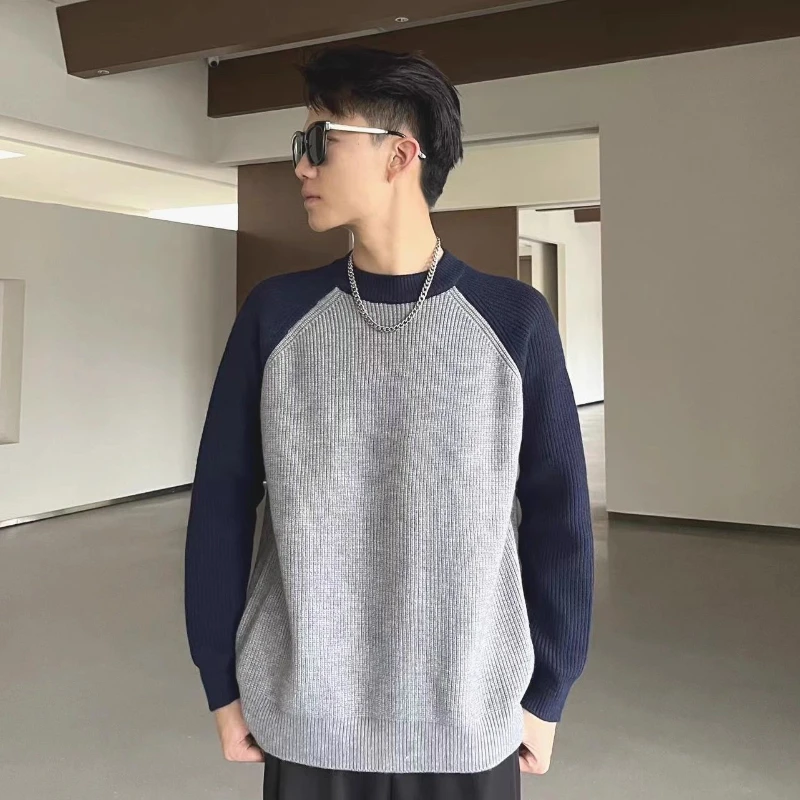 

Ragshoulder Sleeve Sweater Men's Contrasting Color Splicing Base Shirt Long Sleeve Loose Round Neck Sweater Couple Outfit JJ862