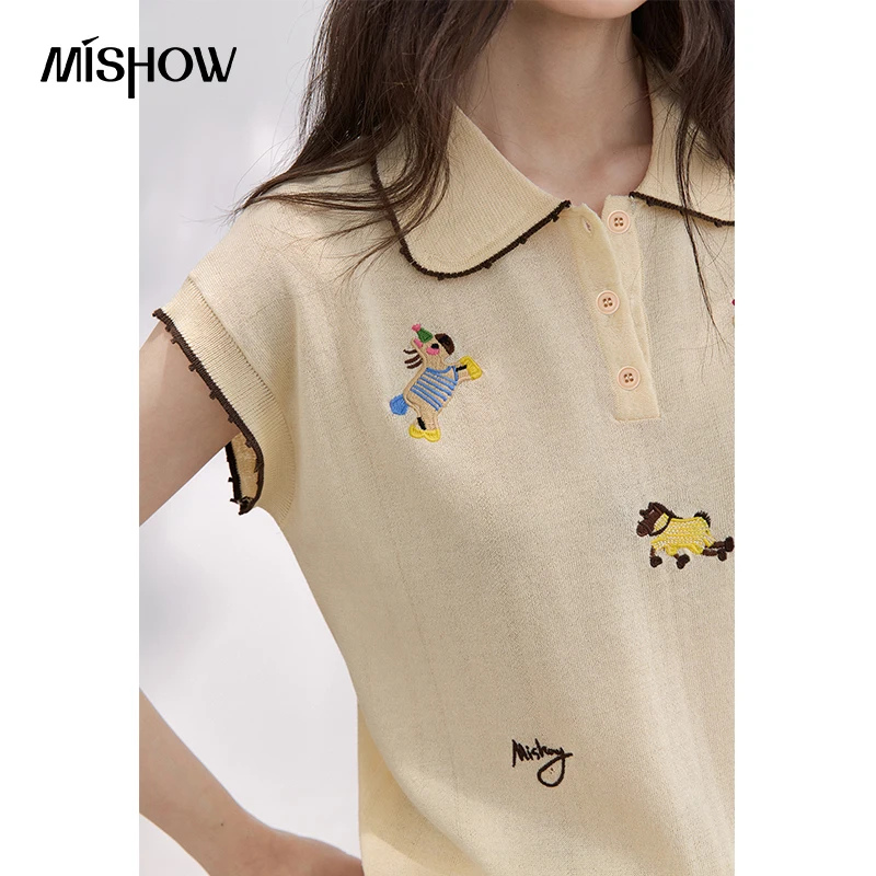 MISHOW Short Sleeved Cartoon Animal Embroidered Polo Shirt 2026 Summer New Sweet Lightweight Knitted Top For Women MXF25Z3107