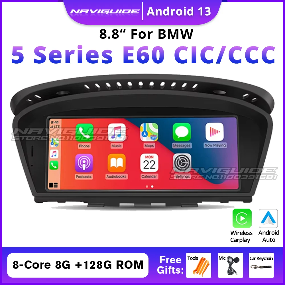 NAVIGUIDE 8.8inch 1280*480P Multimedia Player Android13 Car Radio For BMW 5 Series E60 E61 E62 E63 CCC CIC System Carplay WIFI