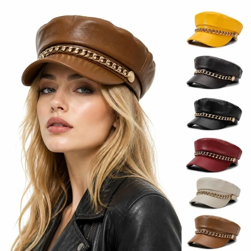 Stylish PU Leather Newsboy Cap Solid Color Chain Decor Flat Top Cap Faux Leather Short Brim Beret Hat Outdoor Wear