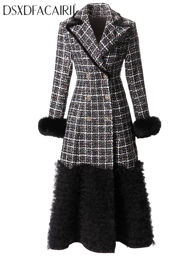 DSFACAIRIJ Women's Double-Breasted Tweed Coat with Sequins Plaid Turn-Down Collar Feathers Long Sleeve High Street Autumn Outerw