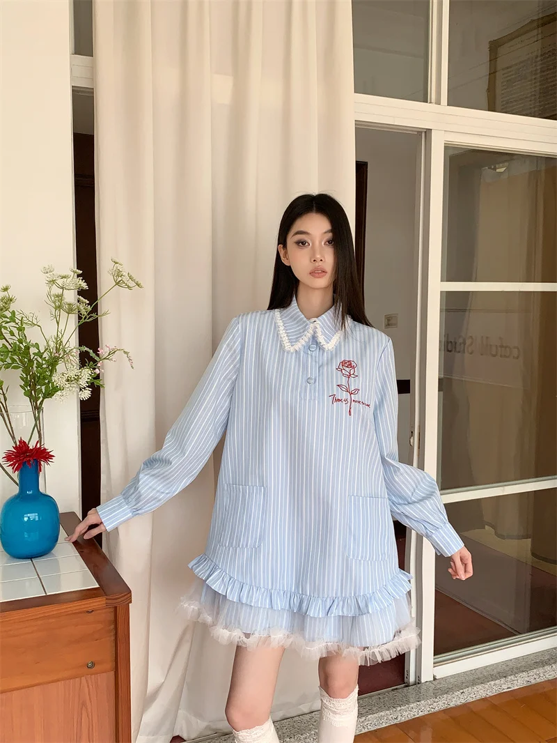 CHEERART Blue Striped Peter Pan Collar Long Sleeve Cute Short Dress Women Lace Patchwork Mini Dress Fall Korean Fashion