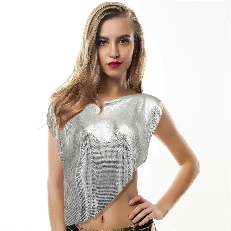 

Metallic Bal Sequin Top iny Sequin Ladies' T-irt Glittering Bandage Sle without Sves European Faion Pure Color
