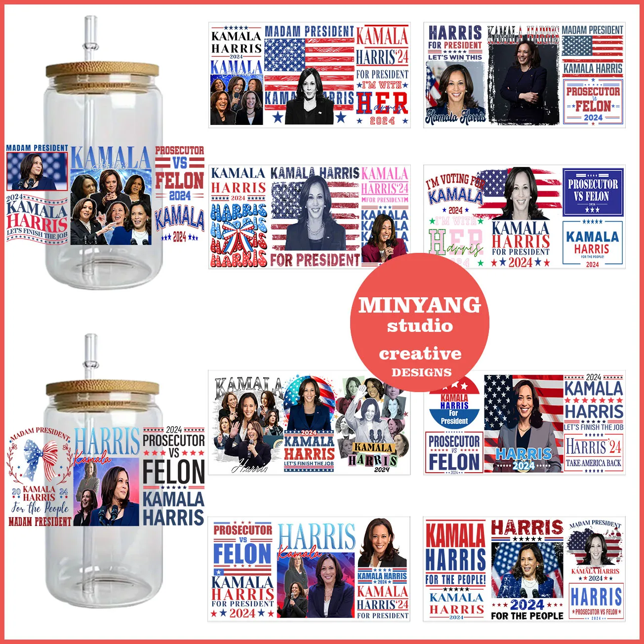 Kamala Davi Harris peel waterproof DIY Decals 3D transfers uvdtf crystal stickers 16oz uv dtf cup wraps for Libbey Glasses