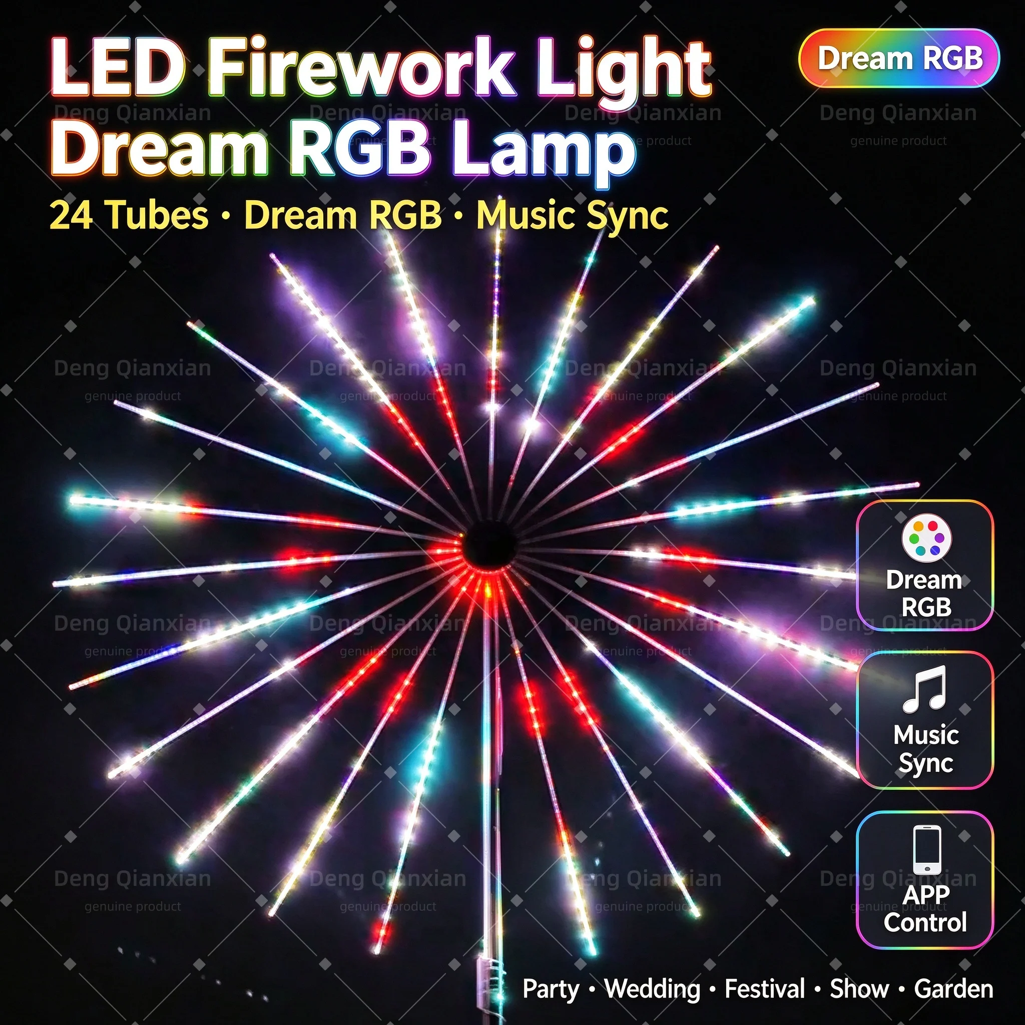LED Firework Lights, Sound Activated RGB, Waterproof, Dual Speakers, Last Mode Memory, APP Bluetooth, Garden