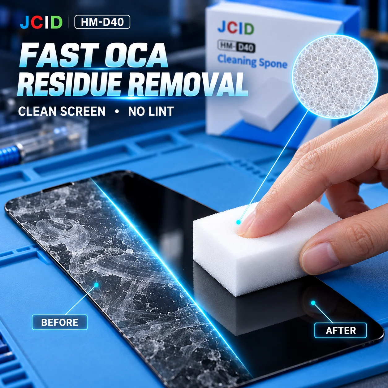 JCID HM-D40 40PCS Screen Cleaning Sponge OCA Adhesive Residue Remover Lint Free Foam Block for Mobile Phone LCD Refurbish Repair