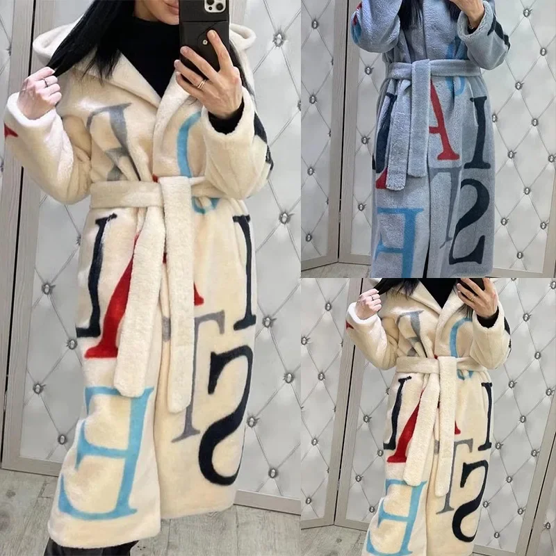 Manteau long en laine imprimé pour femmes, lettres européennes et américaines, grande taille, mode, nouveau, 2024