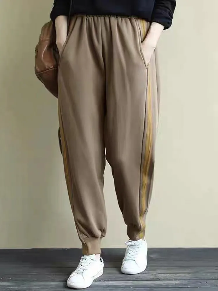 캐주얼 할란 팬츠 엘라스틱 웨이스트 나인 포인트 스플라이스 사이드 컬러 블로우 루즈 핏 가을 겨울 신상 여성 패션 바지