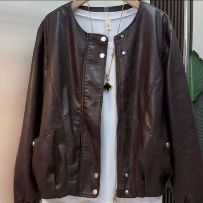 2026 Spring New Fashion PU Leather Jacket Women's Korean Version Solid Color Round Neck Long Sleeve High Street Loose Coat