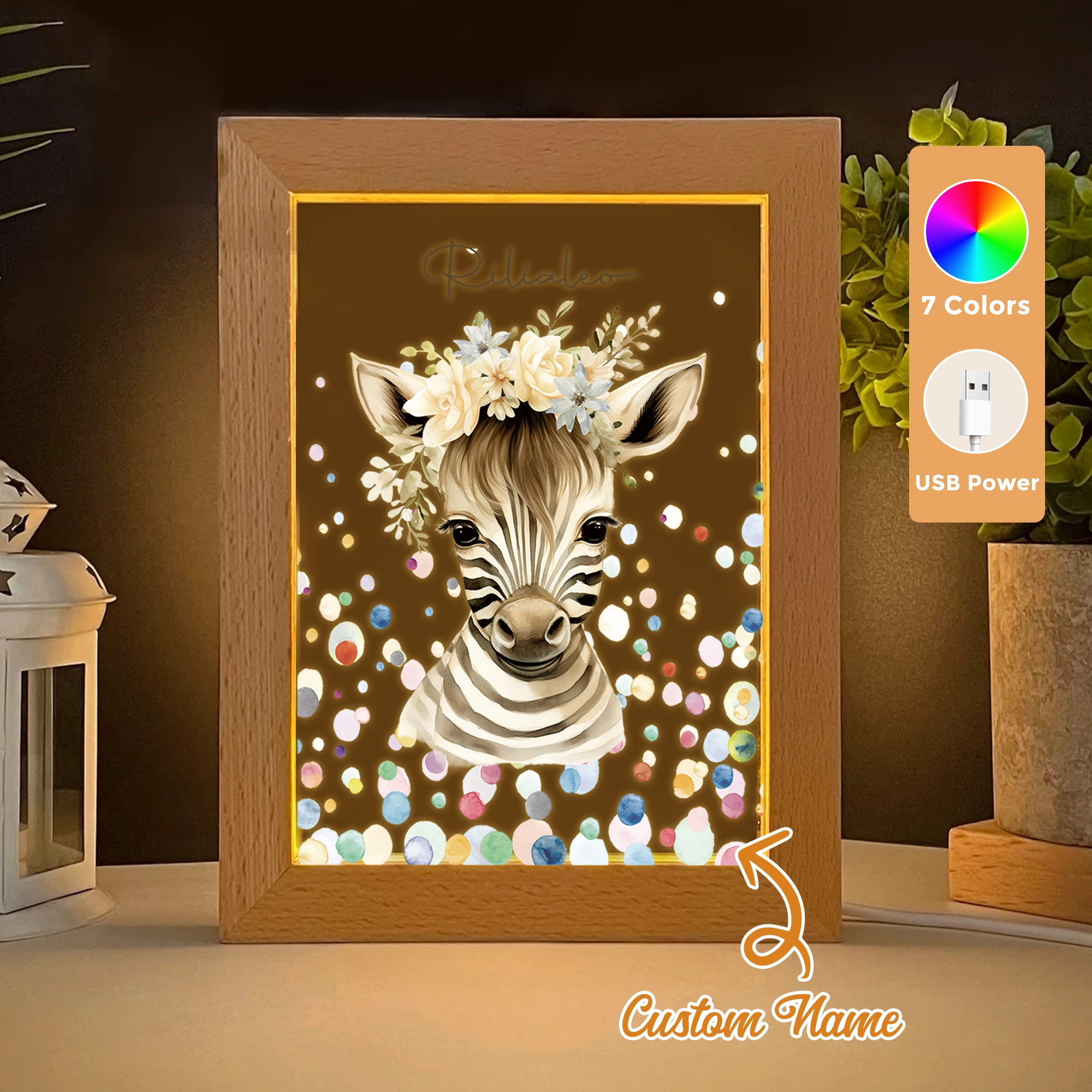 

2D Flat Custom Name Cartoon Zebra With Garland LED Acrylic Night Light Wood Photo Frame 21x17cm Child Bedroom Gifts Home Decor