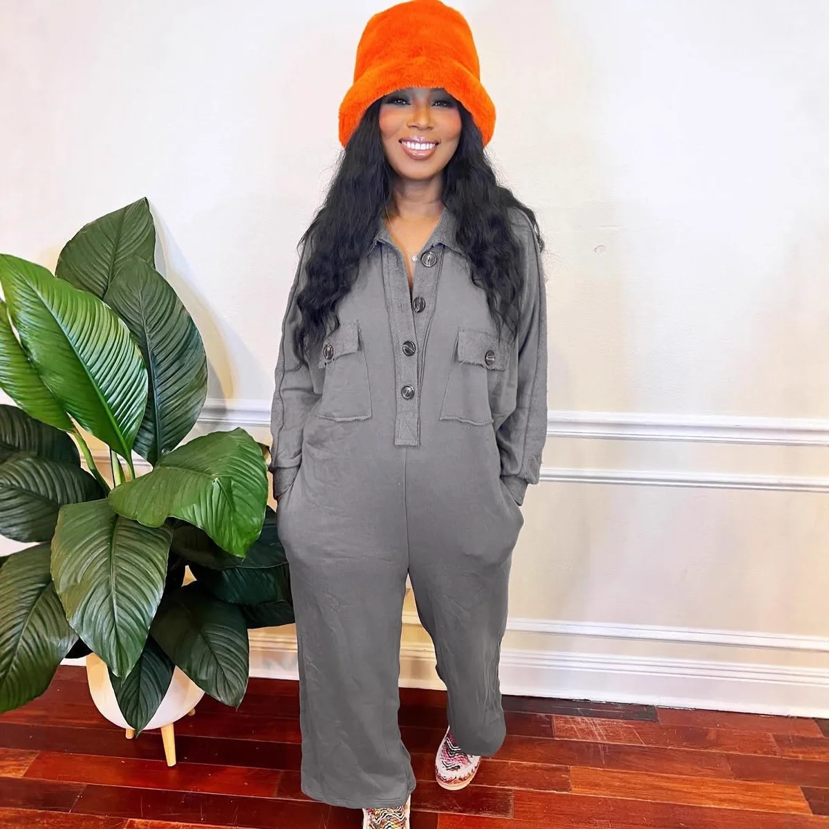 Women's Long Sleeve Pocket Jumpsuit Casual Loose Wide Leg Pants Orange Shirt Rompers One Piece Autumn Streetwear Outfit