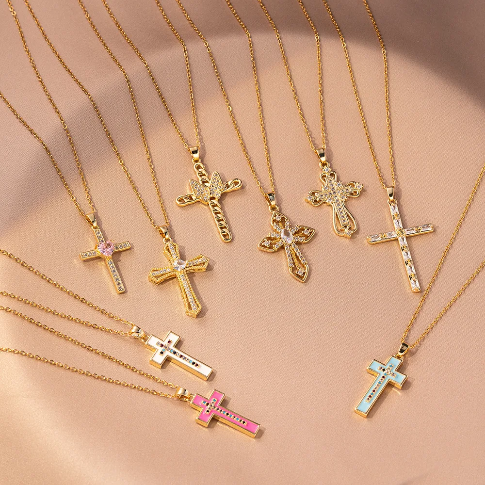 New Trendy Zircon Cross Pendant Necklaces for Women Men Cool Stainless Steel Chain Jewelry Accessories Collar Gifts for Friends