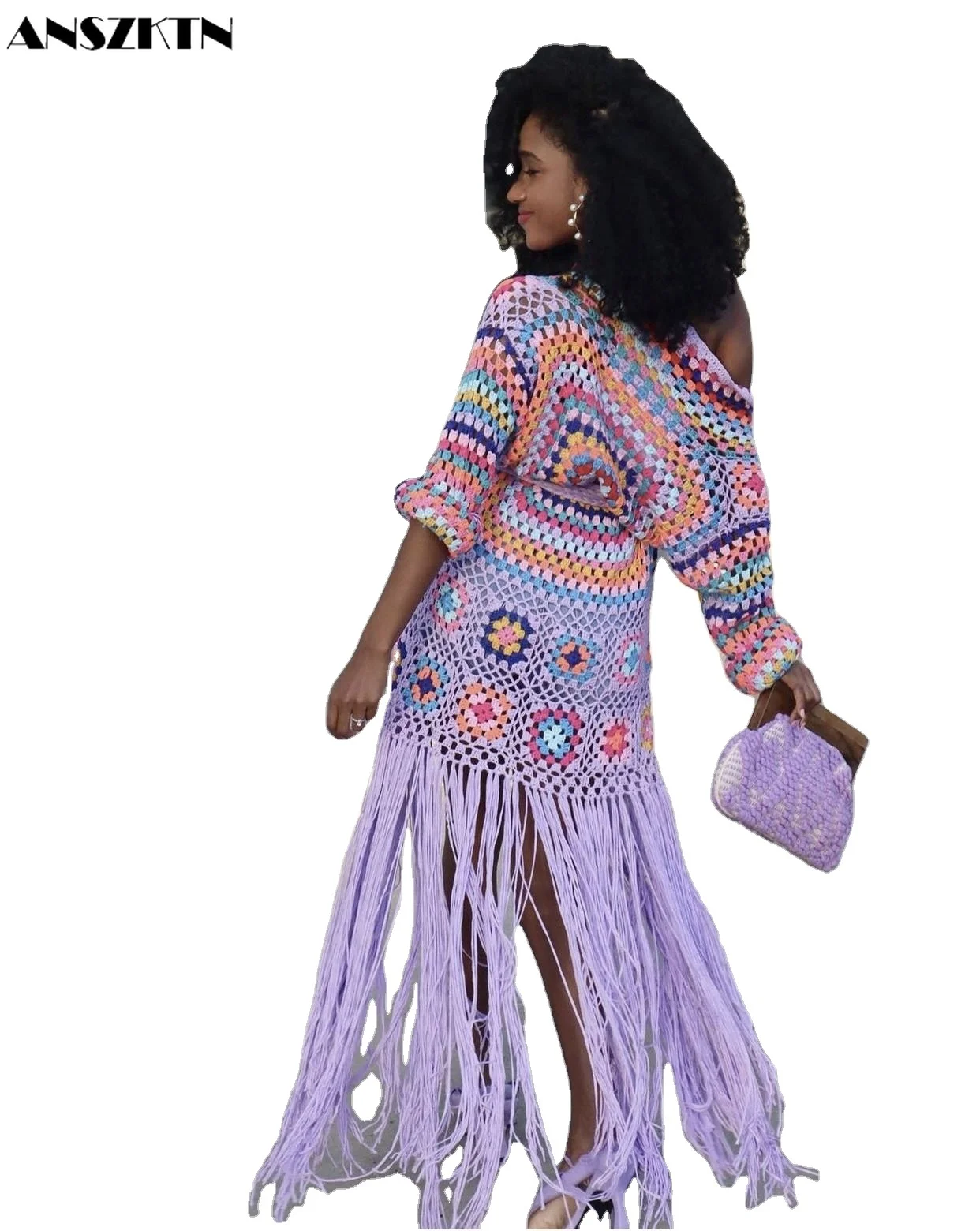 ANSZKTN Women Fashion Clothing Crochet Knitted Maxi Fringe Coats Jacket Casual Sweater Ladies Tassel Woman Long Cardigan