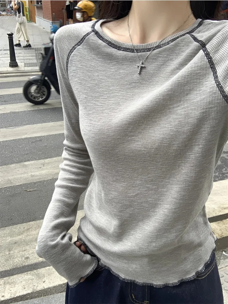 Retro American Chic Sewing Line Design Round Neck Elegant Long Sleeve T-shirt Women's Harajuku Fashion Casual Base Top 2025 New