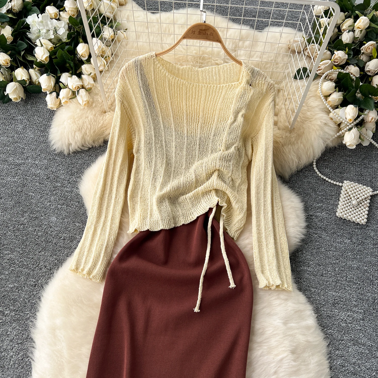 French Vintage Shirring lool sleeve slip knit overcoat with sweet slip A-line Chic Casual Vacation Women Summer dresses