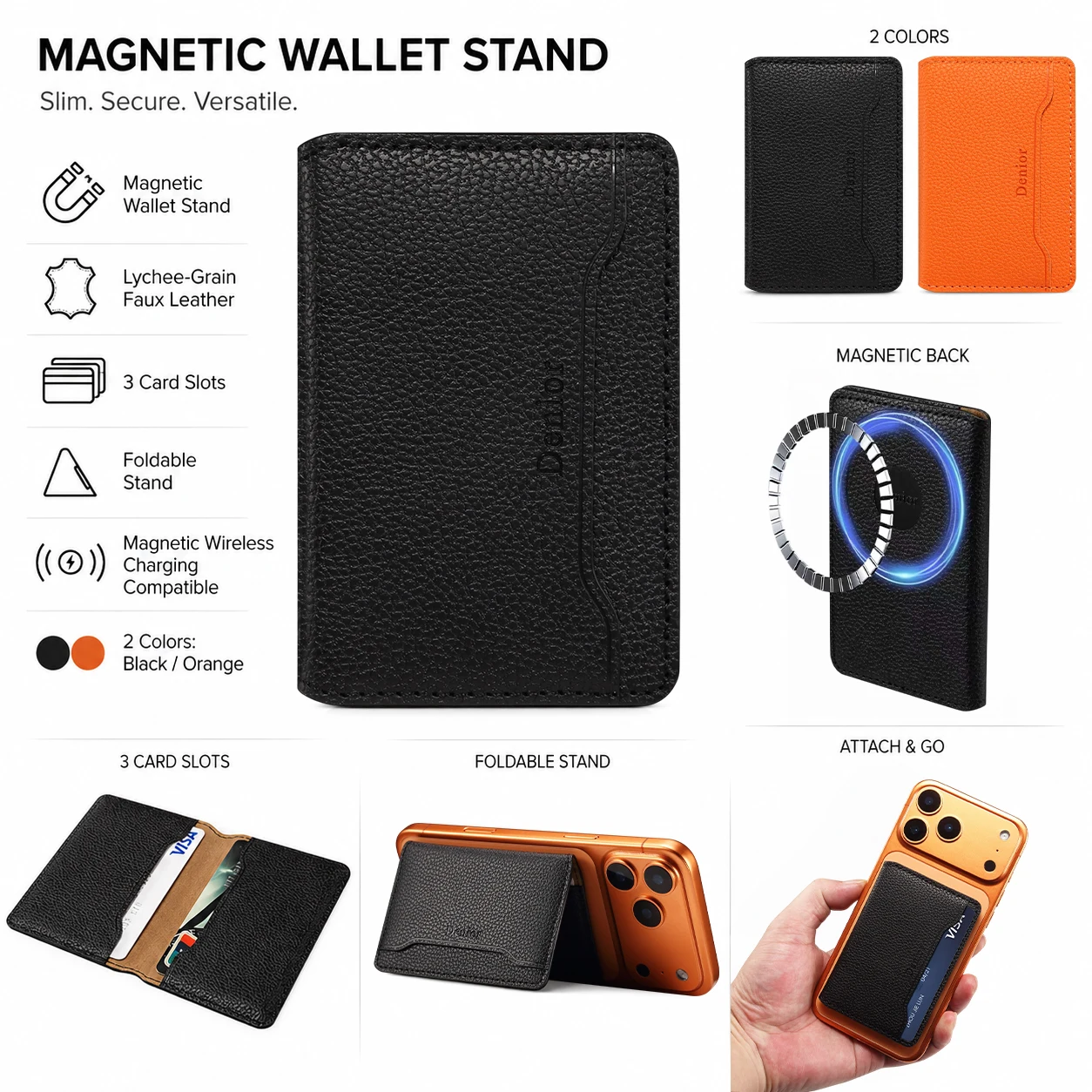 Denior Litchi Grain PU Leather Magnetic Wallet For Phone With 2 Slots Holds 3 Cards Foldable Stand Slim Lightweight Daily Carry