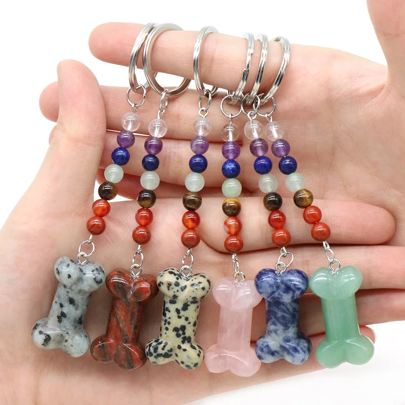 10pcs Carving Bone Stone Key Rings 7 Colors Chakra Beads Chains Gem Charms Keychains Healing Crystal Keyrings for Women Men