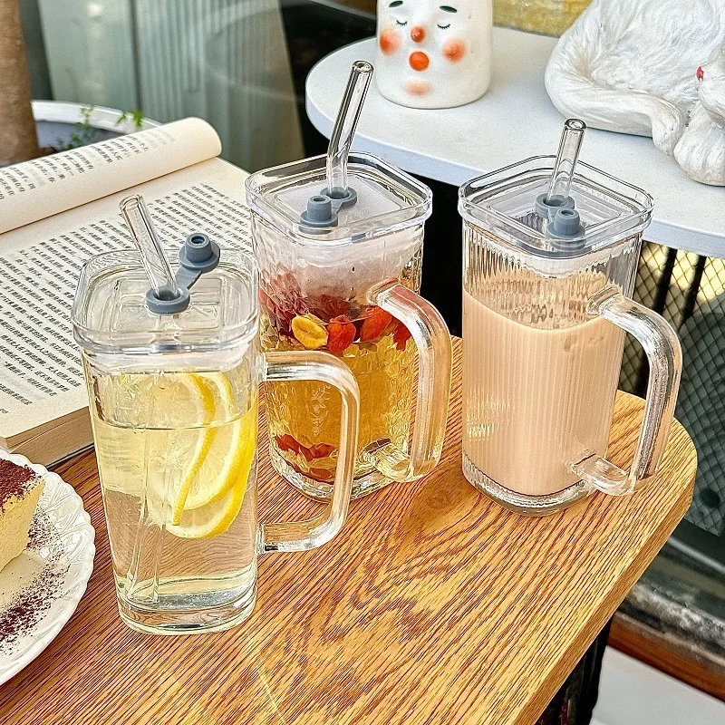 Ins Glass Cup With Straw Handle 250ml Glass Tumbler For Coffee Tea Water Wine Milk Juice Matcha Portable Crystal Glass Bottle