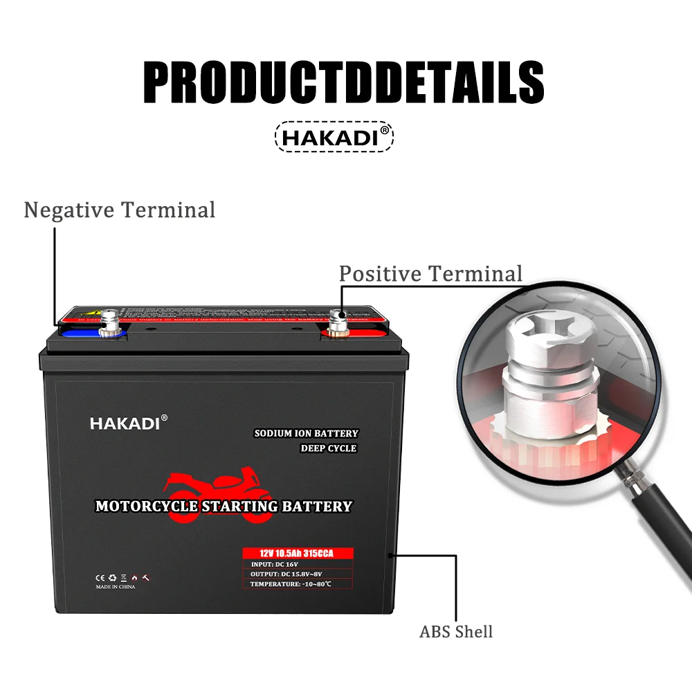 HAKADI Sodium ION Battery Pack 12v 10A Motor Starting Power 315CCA  20C 200A Current Built in Balancer Customize logo NA+