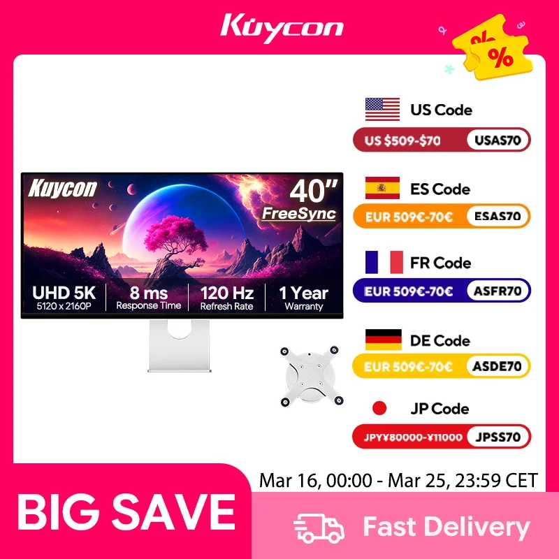 

40Inch 120Hz Gaming Monitor Kuycon P40K UHD Computer Monitor 99%Srgb G-sync IPS PC Display HDR Ultrawide Desktop Screen Eyecare