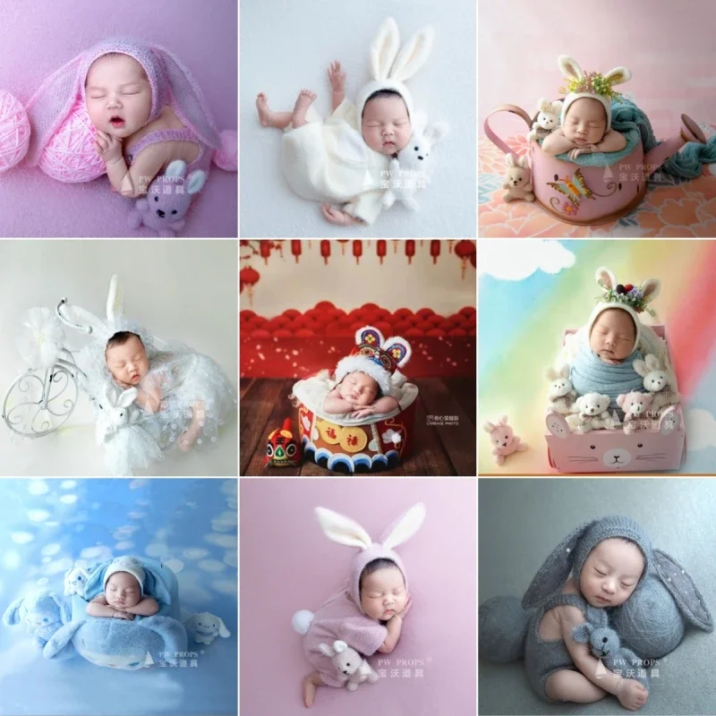 Newborn Photography Props Baby 2023 Cute Rabbit Bunny Creative Theme Backdrop Outfit Clothing Hat Set Studio Shooting Photo Prop