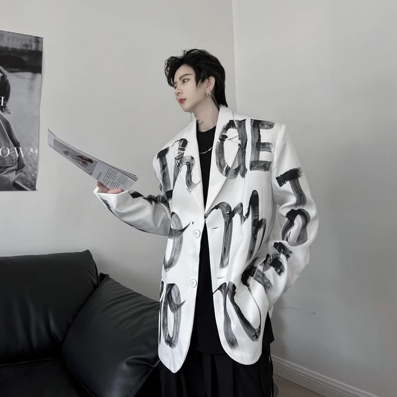 Autumn High-End Padded Shoulder Suit Men's Hand-Painted Letter Printing Male Fashionable Handle Suit Long Sleeve Jacket