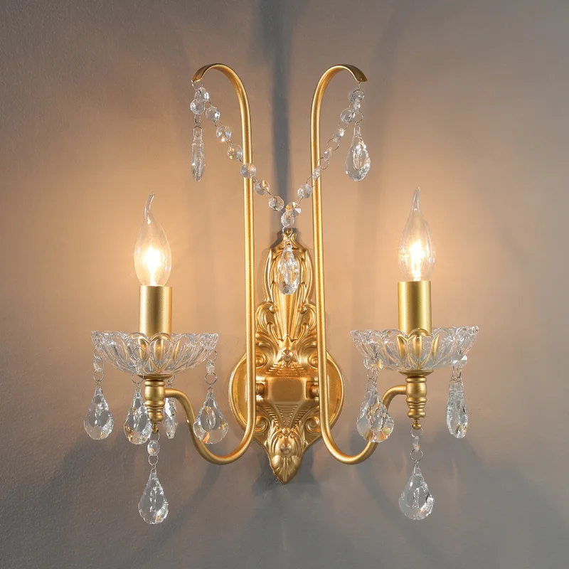 

Европейский роскошный настенный светильник из хрустального стекла с двойной головкой, светодиодные настенные бра, освещение, ресторан, вход, проход, коридор, романтический декор