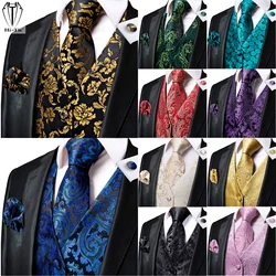 Hi-Tie Silk Sleeveless Mens Waistcoat Jacket Black Gold Navy Blue Grey Red Burgundy Jacquard Vest Tie Hanky Cufflinks for Men XL