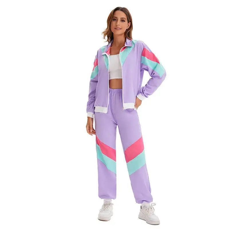 80s Retro Disco Hip Hop Sports Jaet Pants Set loween Costume ex Adult Dancewear Long Sve Zipper Closure
