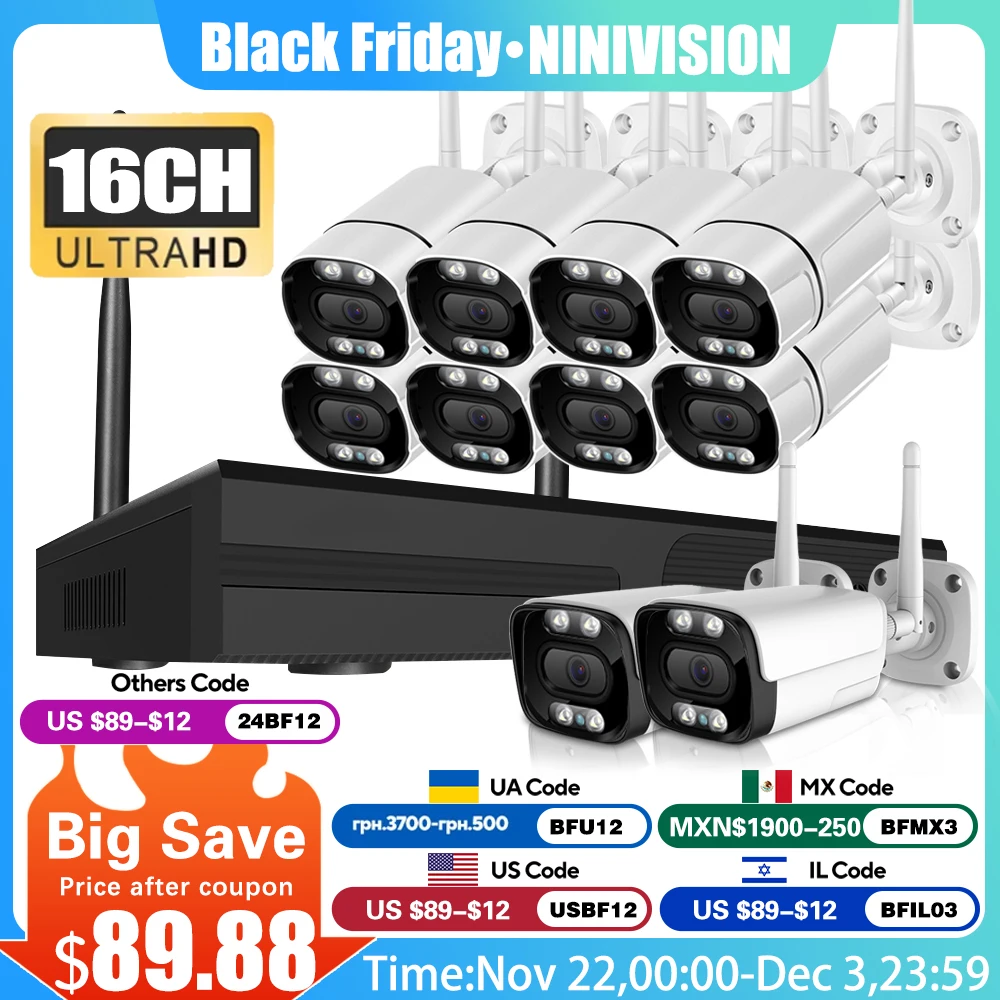 

16CH 5MP Wireless Video Surveillance Security Camera System 10CH P2P NVR Two Way Audio Color Night Vision WIFI IP Bullet Camera