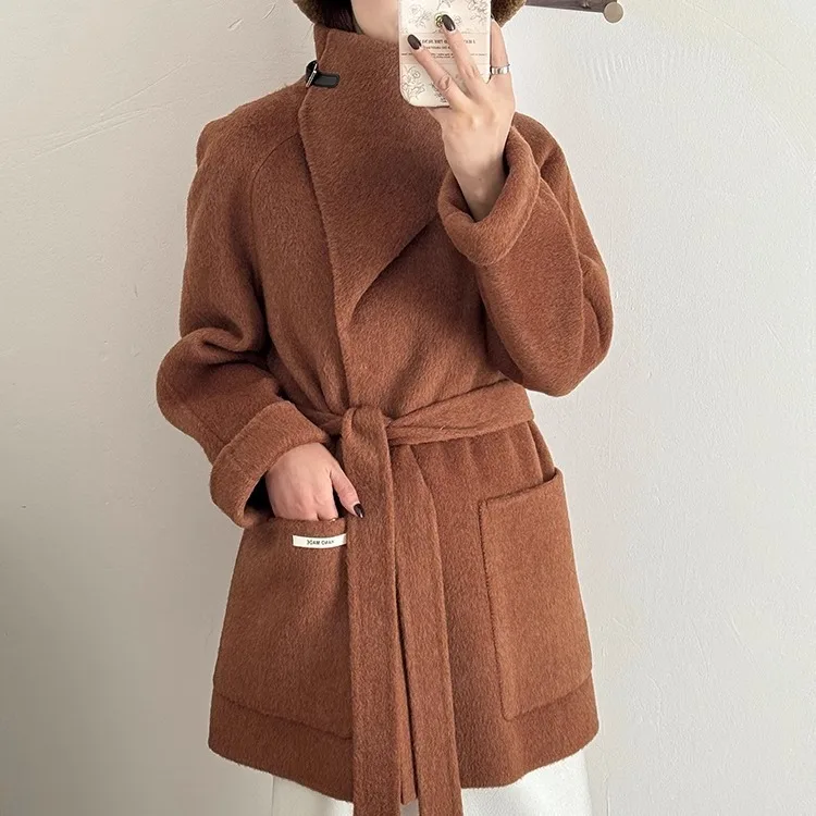 High end yak wool double-sided cashmere coat for women, mid to long style, stand up collar, tie up, small stature, mulberry silk