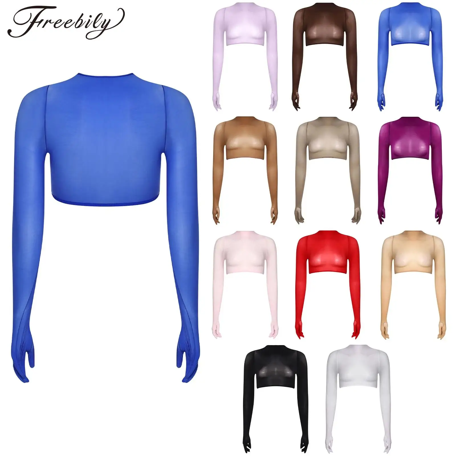 Women Long Sleeve Glossy Crop Top See Through T-shirt Stretchy Tee Clubwear Sheer Cover-up Blouse with Gloved Nightwear