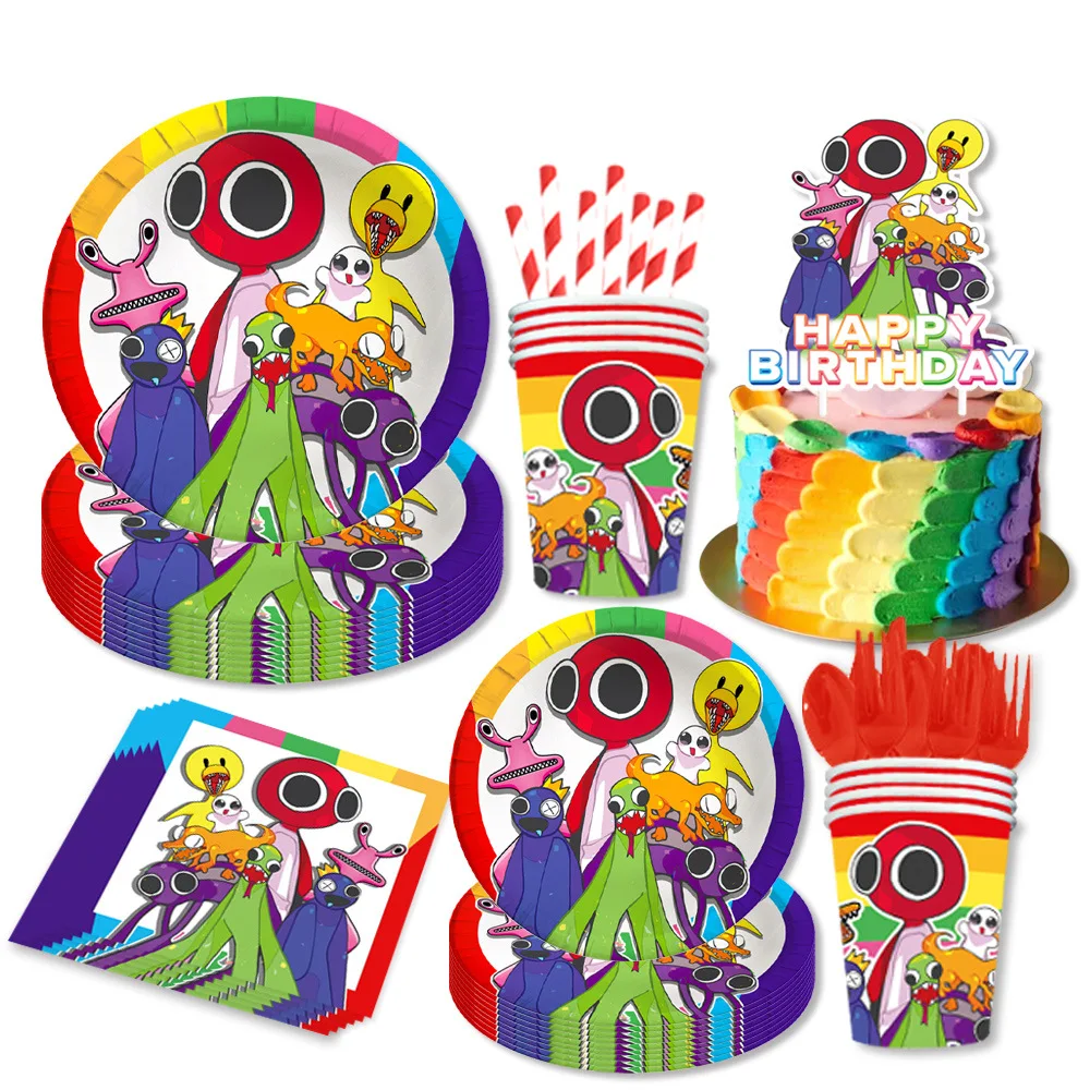 Regenbogen-Freunde-Themen-Spiel-Geburtstagsparty-Ballon-Set, Dekoration, Banner, Kuchenaufsatz, Teller, Becher, Tischdecke für Kinderparty-Zubehör