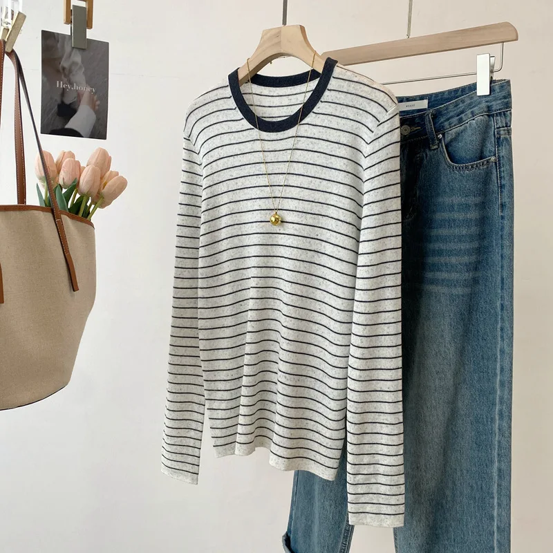 

Dave&di Early Spring New Knitted Flower Yarn Round Neck Striped Long Sleeve Knitted Shirt Top For Women