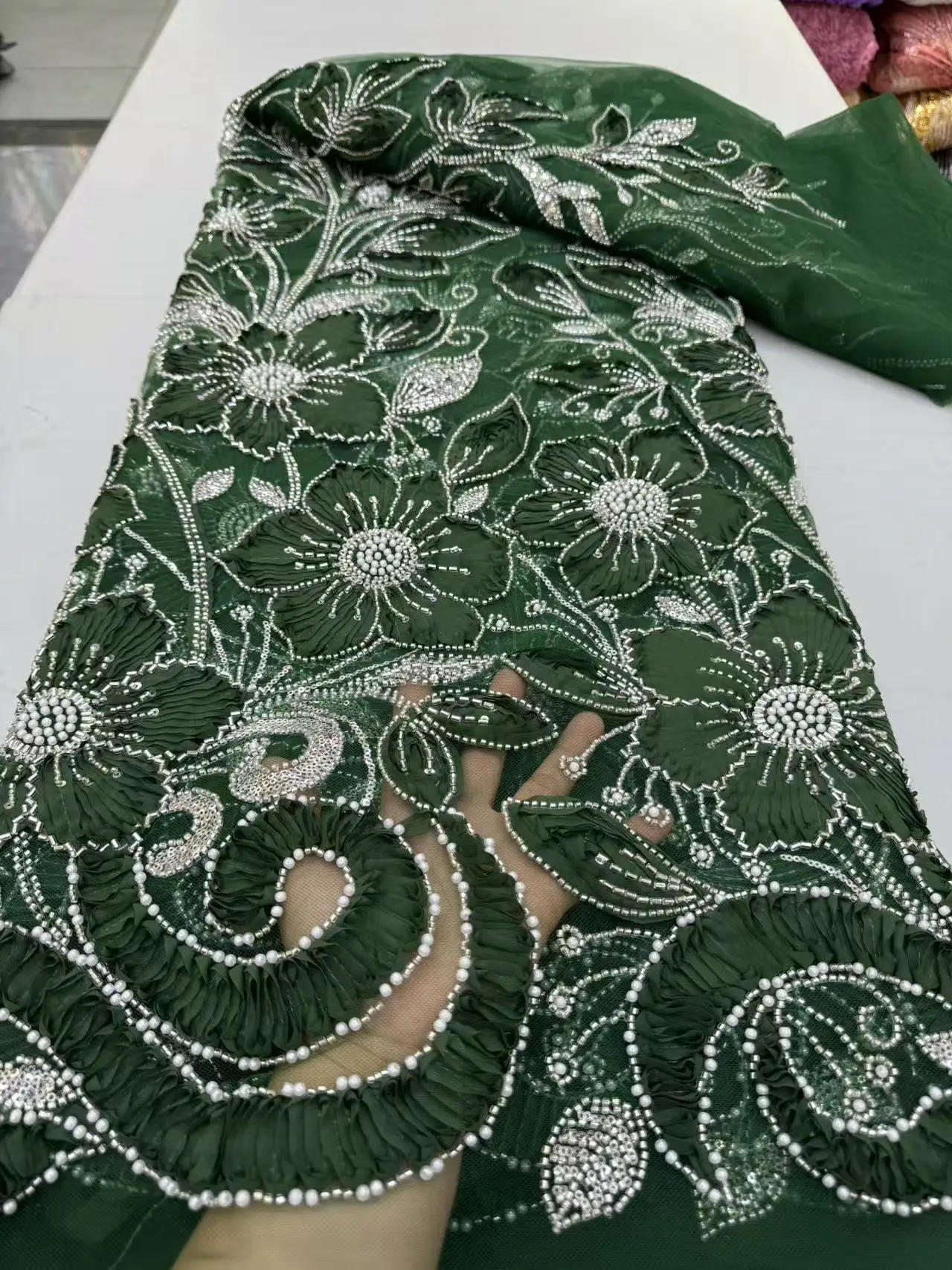 

African & French Lace Fabric Per Meter,5Yard Pink Mesh Tulle Fabrics With Sequin & Beaded, Suitable For Wedding Dresses Design