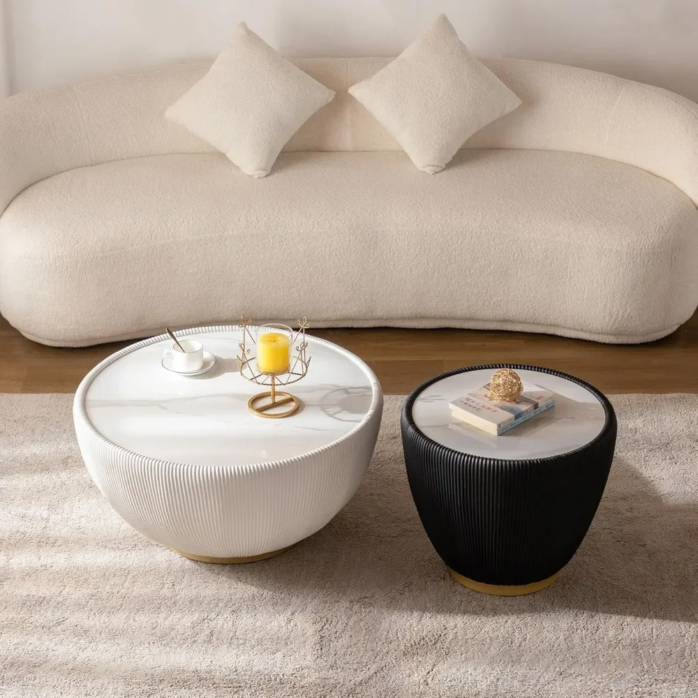 طقم طاولة قهوة مستديرة مكونة من 2، طاولات متداخلة لغرفة المعيشة، طاولة قهوة من الحجر الملبد، طاولة قهوة حديثة