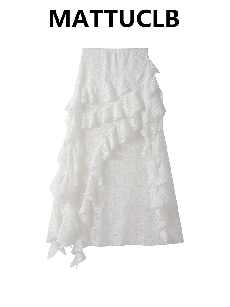 Women's Midi Slit Lace Skirts 2000s Aesthetic Ruffle Mori Girl Korean A-line High Street Party Evening Design Ballet Core New