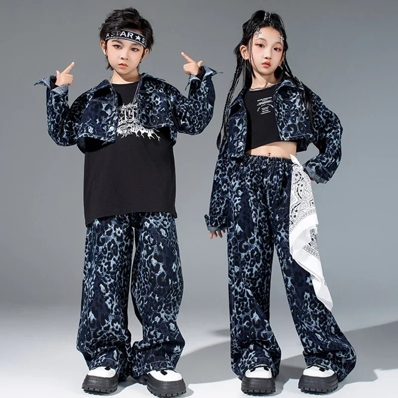 

Leopard Blue Street Dance Suit Children Hip Hop Kpop Dance Stage Costume Boys Girls Club Jazz Performance Suit Jacket Pants