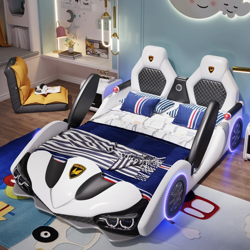 Cama doble de cuero con dibujos animados para niños y niñas, cama individual con barandilla, coche de carreras creativo, venta al por mayor de fábrica