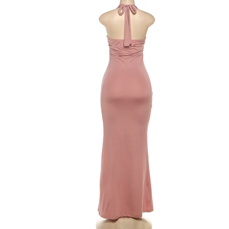 Metal Buckles Hollow Ribbons Bodycon Maxi Dress Women Sexy V Neck Lace Up Halter Backless Ruched Slim Party Long Robe Clubwear