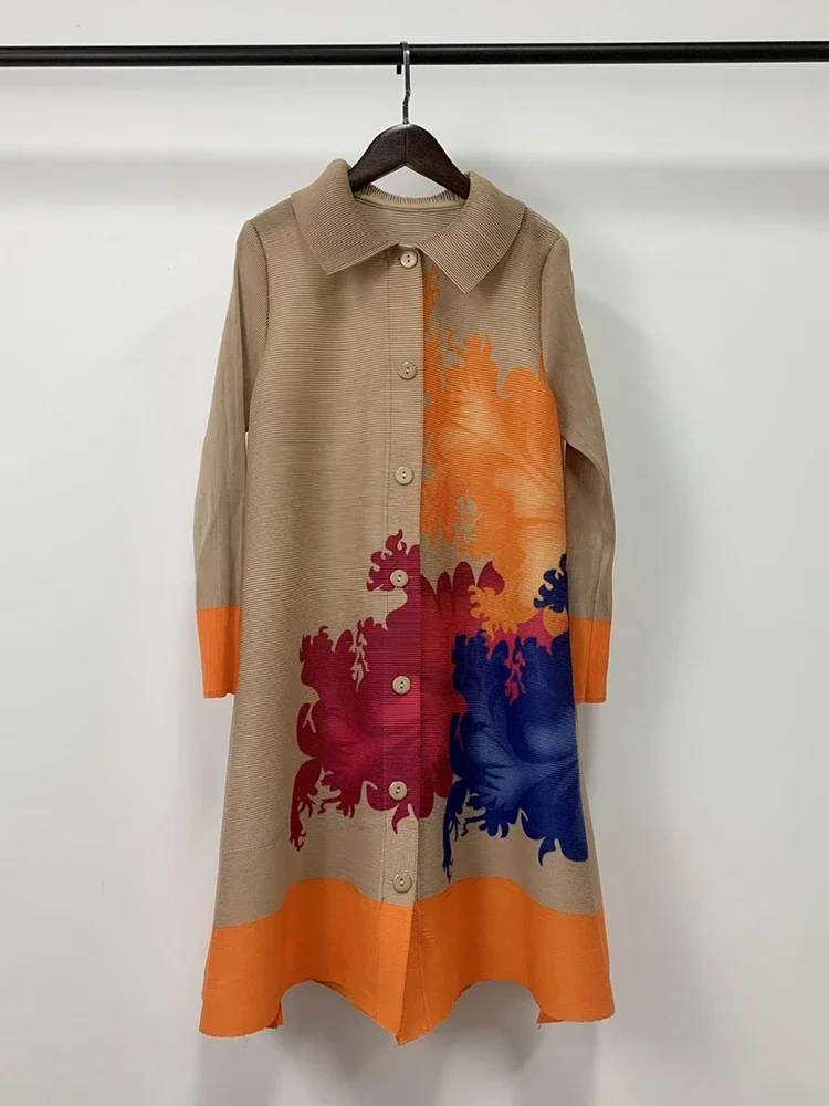 

Fashion Casual Versatile Design Elegant Skirt Lapel Long-sleeved Single-breasted Printed Pleated Dress Miyake 2025 Summer New