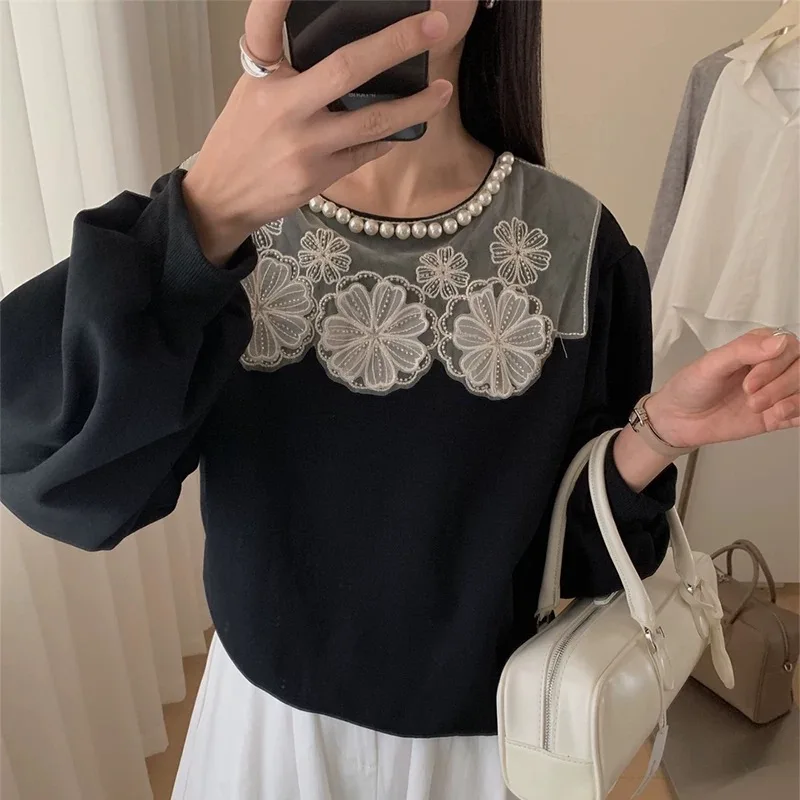 Clothland Women Elegant Lace Patchwork Sweatshirt Pearl Beading Decorate Long Sleeve Hoodie Pullover Cute Tops Mujer HA572