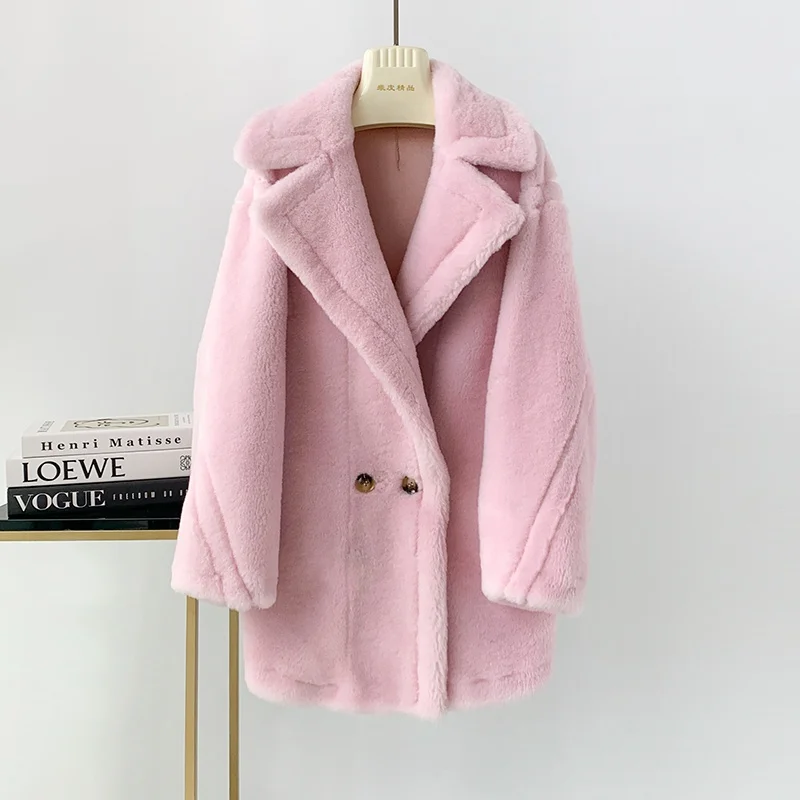 Mホーム フルウール テディベア スレアリングコート レディース ミドル丈 ルーズ ファー＆レザー インテイテッド アウターウェア 冬用保温