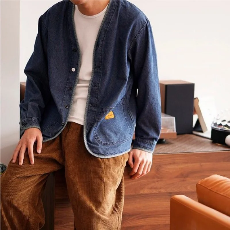 

Japanese Retro V-neck Denim Jacket Men's Fashionable Slim Jacket Men's Solid Color Casual Shirt